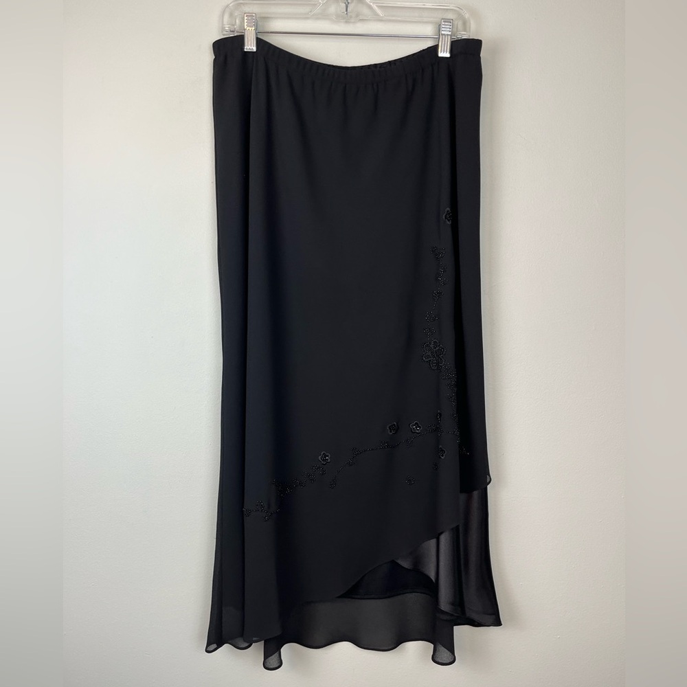 Vintage Shazdeh Black Lagenlook Embroidered Asymmetrical Lined Pull On Skirt 18W